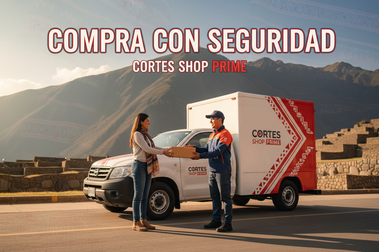 hazme una imagen para mi tienda, con un camion de repartidor con algo significativo de peru, que salga el repartidor entregando un paquete y que ponga un texto llamando la atencion a que compren coon seguridad. mi tienda se llama: CORTES SHOP PRIME